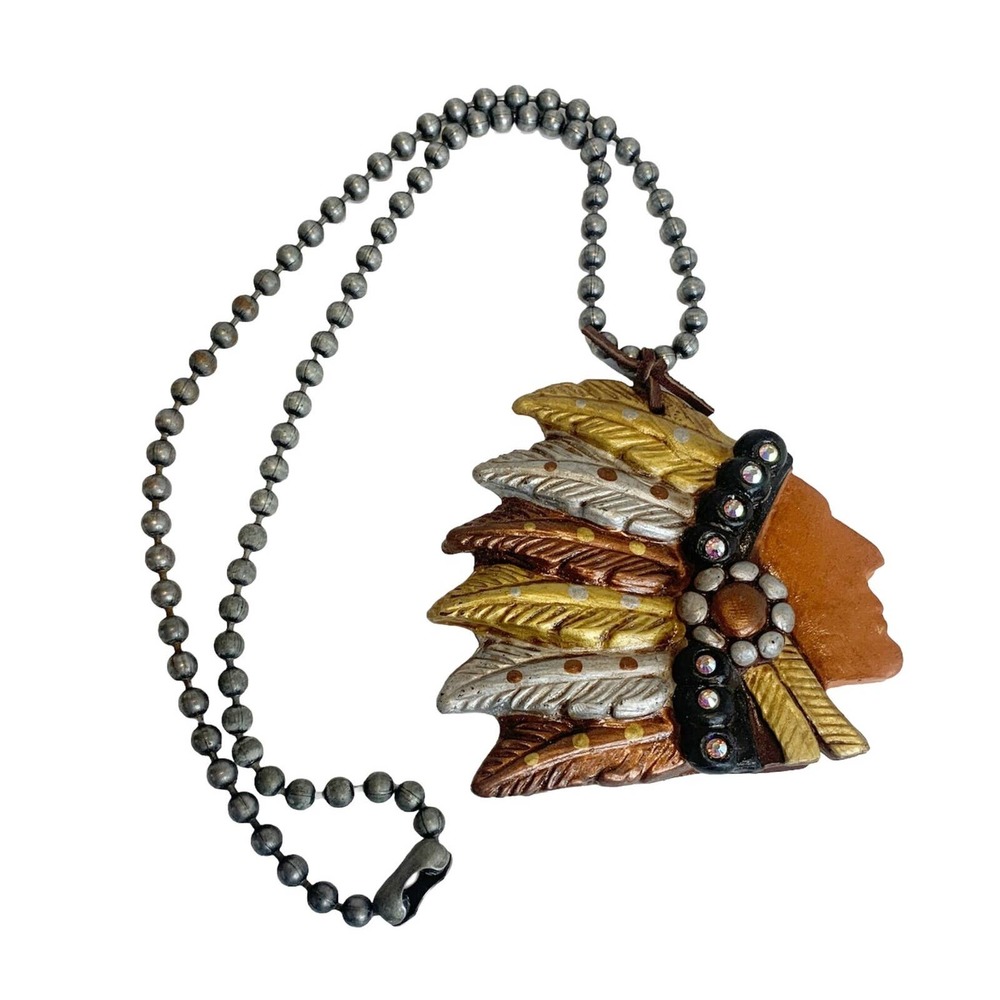 Sookie Sookie American Indian Big Chief Necklace & Pendant Signed Rhinestone